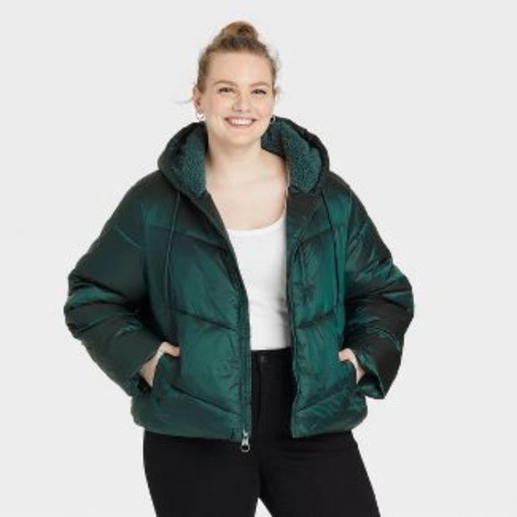 Women's Plus Size Short Puffer Jacket - Ava & Viv™ teal - Picture 1 of 7